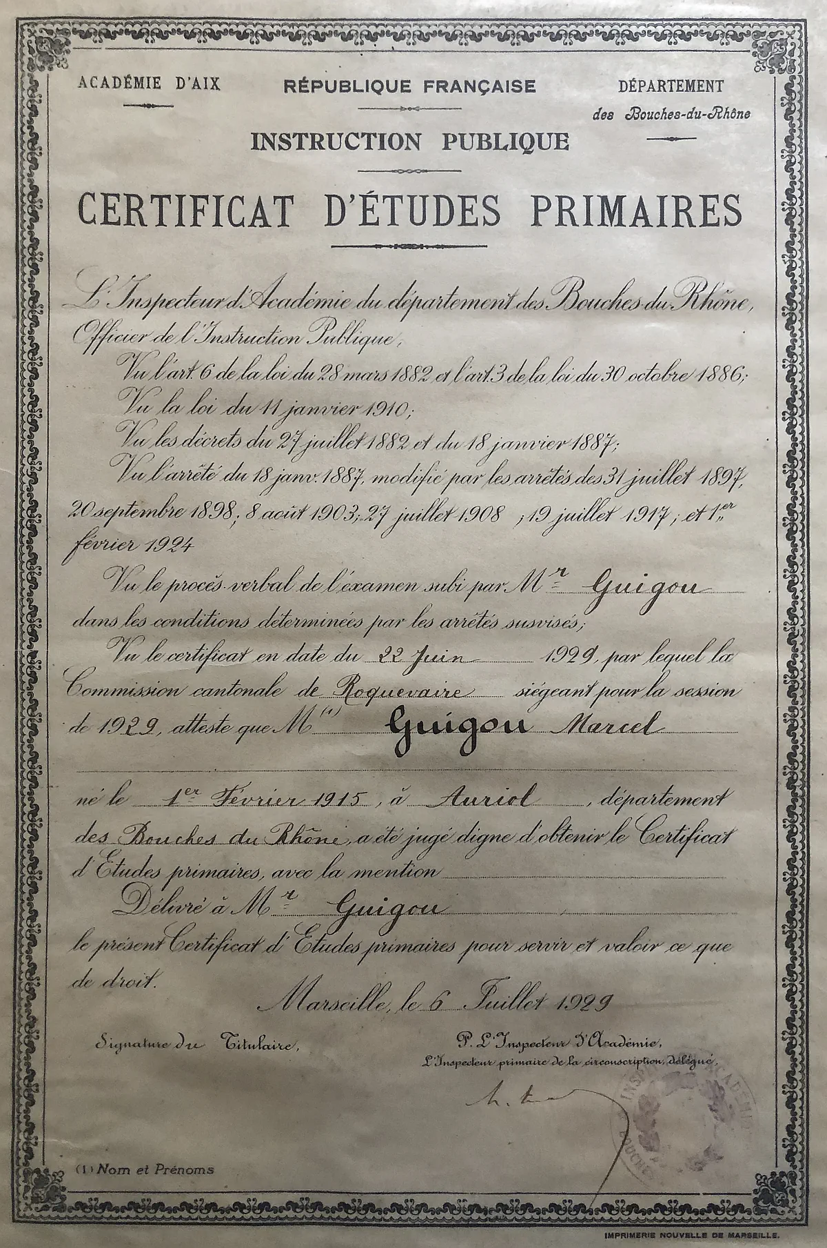Certificat d'Etude de Marcel Guigou